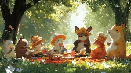 Fototapeta premium Adorable Animals Enjoying a Sunny Day Picnic Together