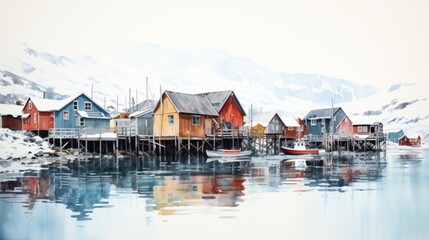 Obraz premium Serene Winter Village by the Fjord: A Watercolor Painting of Colorful Houses on Stilts Reflecting in Calm Waters Against a Snowy Mountainside.