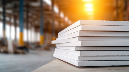 Neatly Stacked White Construction Material in a Bright Well Lit Environment Showcasing Industrial Context and Clean Minimalist Design Elements