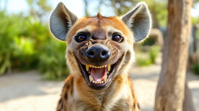 A close-up of a smiling hyena in a natural setting, showcasing its playful expression.