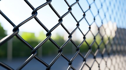 Fototapeta premium Intricate Chain Link Fence with Detailed Texture Framed Against a Softly Blurred Background Evoking Depth and Contrast in an Urban Environment