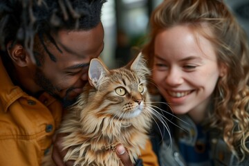 A joyful couple sharing a moment with their affectionate cat, showcasing love and companionship in a cozy setting.