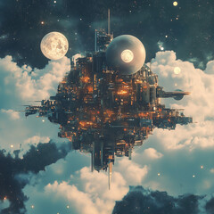 Obraz premium Floating Futuristic City Sky Moons