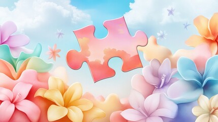 A pastel-colored puzzle piece floating among soft, vibrant flowers under a bright blue sky