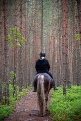 Woman horseback riding in forest