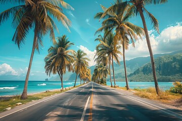 A scenic coastal road lined with palm trees, leading towards a beautiful ocean view and distant mountains.