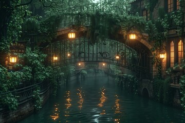 Fototapeta premium A serene and enchanting view of a lush green bridge illuminated by lamps, reflecting on a tranquil waterway.