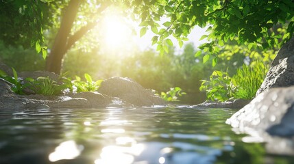 Naklejka premium Tranquil River Scene Under Bright Sunlight