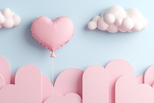 Valentine's Day Pink Heart Balloon Floating Above Pastel Cloudscape