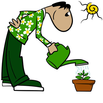 A cartoon person with a watering can waters a plant with green leaves in a pot on a sunny day, side view, standing, leaning forward.