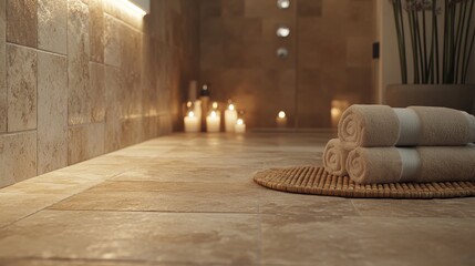 Obraz premium Soft white towels, bamboo plant, stones, and candles create a tranquil spa atmosphere