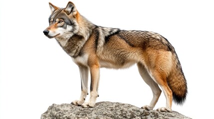 Fototapeta premium A wolf standing on a rock, showcasing its natural beauty and keen expression.