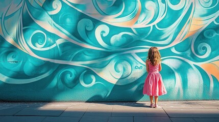 A young girl in a pink dress stands amazed by a vibrant, swirling ocean mural on the wall. Bright colors mesmerize her as she gazes.