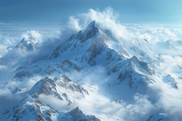 Photo réaliste d’un paysage hivernal avec une chaîne de montagnes enneigées, de gros nuages tourbillonnant au-dessus, créant une vue dramatique et impressionnante