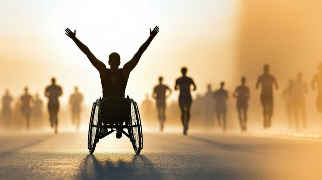 Celebrating Victory of a Wheelchair Athlete Against Runners at Sunset