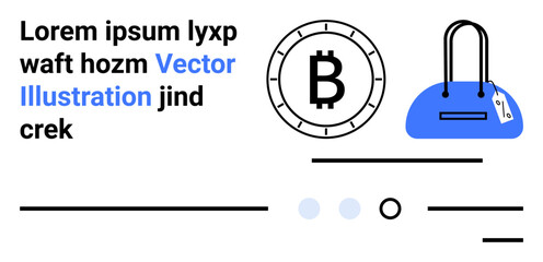 Bitcoin coin, blue handbag, text placeholders, horizontal lines, minimalistic style, black and blue palette. Ideal for finance, shopping, cryptocurrency, landing page design, e-commerce, modern web