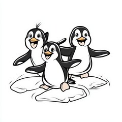 Fototapeta premium Charming Scene of Three Playful Penguins Sliding on Frozen Icy Surface in a Bright White Arctic Environment Capturing the Spirit of Winter Wildlife