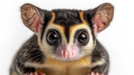 A close-up of a cute sugar glider with large eyes and distinctive markings.