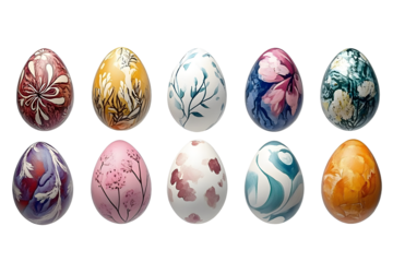 colored hand painted easter eggs collection isolated on transparent background
