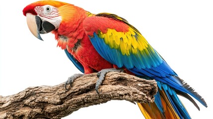 A vibrant scarlet macaw perched on a branch, showcasing its colorful feathers.