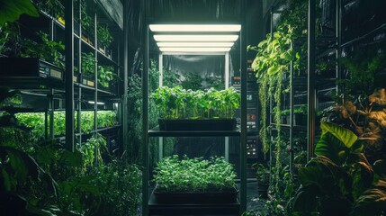 Lush indoor garden with plants, grow lights, and shelving.