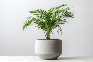 Obraz premium A vibrant green palm plant in a modern gray pot, perfect for enhancing indoor spaces with natural beauty.