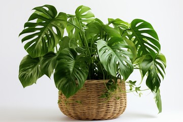Naklejka premium A vibrant Monstera plant in a woven basket, showcasing lush green leaves and adding a fresh touch to any space.