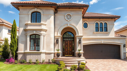 Fototapeta premium A two-story Mediterranean-style house with tan stucco walls, brown roof tiles, arched entryway, and large windows. Landscaped lawn and garden beds surround the house. A double-car garage is visible.