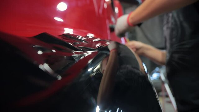Process of applying a PPF film to a car. Worker removes the rest of PPF film with thread. Close up footage 