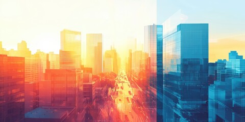 Obraz premium Modern Cityscape Sunrise Double Exposure Warm Cool Tones