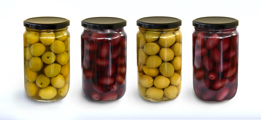 Four jars of marinated olives in a glass jar with a black lid isolated on a white background. Kalamata olives pitted and whole, green olives pitted and whole. Olive jars for design