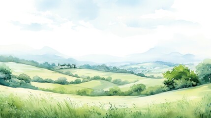 Fototapeta premium Serene Watercolor Landscape: Rolling Hills and Distant Mountains