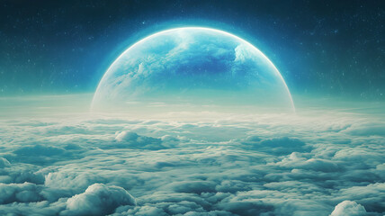 A celestial scene with a vast expanse of fluffy white clouds. The clouds are detailed and gradually fade into the distance. The sky contains a mesmerizing blue orb, reminiscent of a planet or a celest