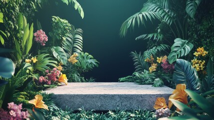 Product presentation with a rock podium set amidst a lush tropical forest and flower,enhanced by a vibrant green backdrop- 3D rendering