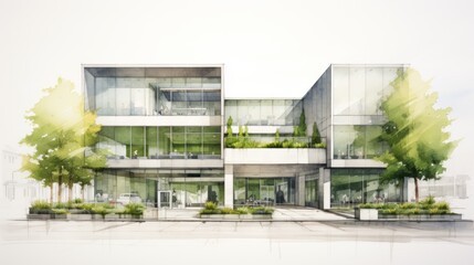Fototapeta premium Modern Architectural Design: A Watercolor Rendering of a Contemporary Office Building