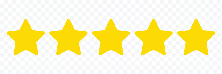 5 yellow stars icon. Five stars sign. Five star rating icon. Product review flat icon. Vector illustration.