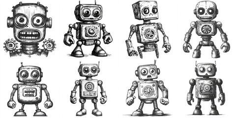 Vintage Robot Engraving Collection - A set of eight vintage-style robot illustrations.  Mechanical, whimsical, nostalgic, playful, and retro designs.