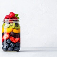 Vibrant Jar Filled with Colorful Fresh Fruit and Juicy Berries on a Clean White Surface Showcasing Healthy Eating and Nature's Bounty in a Bright Setting