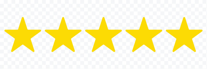 5 yellow stars icon. Five stars sign. Five star rating icon. Product review flat icon. Vector illustration.