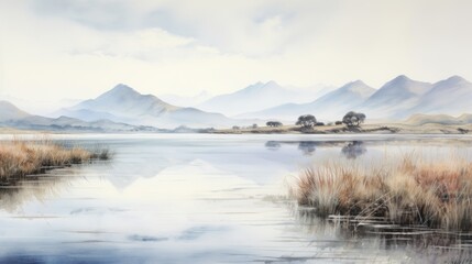 Fototapeta premium Serene Mountain Lake Reflection: A Misty Day in the Highlands