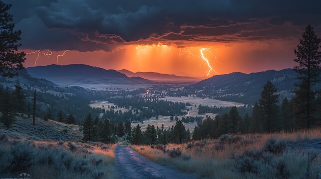 Majestic thunderstorm illuminates rugged valley with electric skies during twilight hours