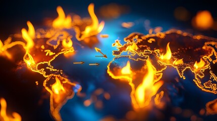 Vector illustration concept, gas flame on the background of a world map and arrow graphics, symbol of world trade, price of natural gas, business, global economy.
