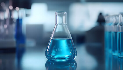 Close-up of a laboratory flask with blue liquid in modern lab