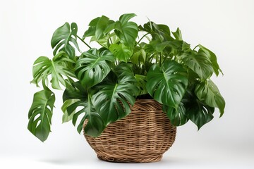 Naklejka premium Lush green monstera plant in a woven basket, perfect for indoor decoration and bringing nature indoors.