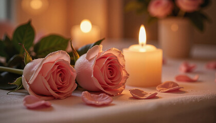 Pink roses and a candle glowing on a table with petals