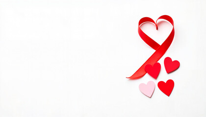 Red ribbon heart decoration with paper hearts on white background