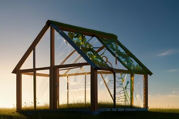 Obraz premium Family around green house with solar panels and wind turbine, vertical video 