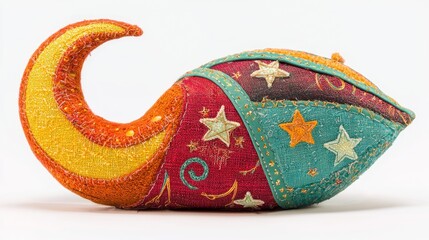 Colorful decorative object resembling a crescent moon.