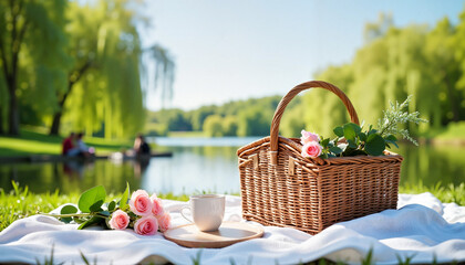 Picnic basket with roses and tea cup by serene lake