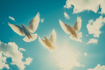 Fototapeta premium Doves ascending into the sky, symbolizing peace and the soul's liberation